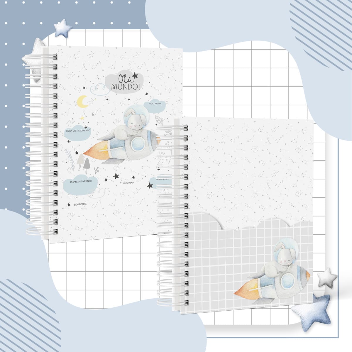 Kit Astronauta Aquarela Arquivo Digital Completo 4 Caderno digital infantil com coelhinho astronauta em foguete e campos para dados de nascimento.