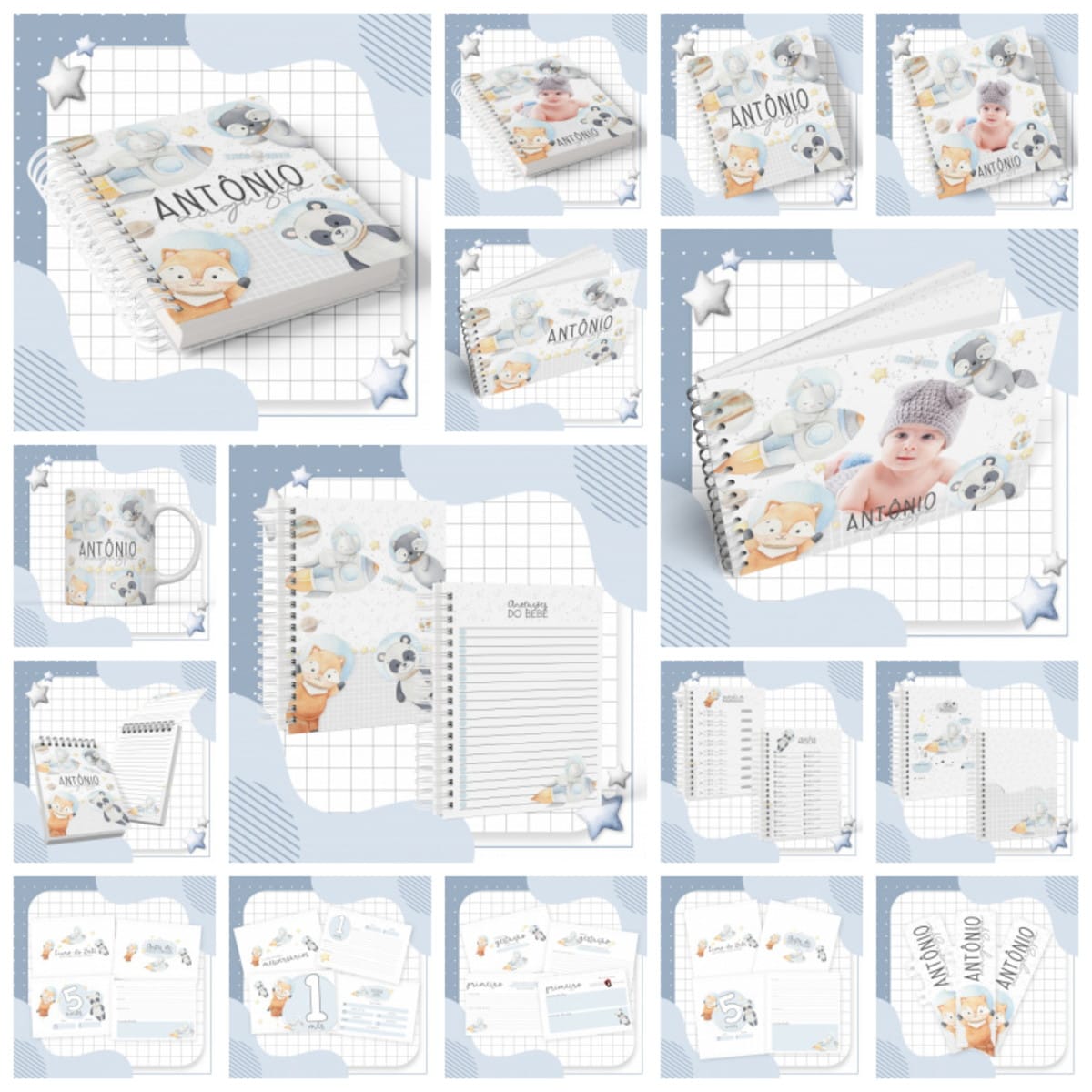 Kit Astronauta Aquarela Arquivo Digital Completo 1 A arte digital mostra um kit de bebê com tema espacial e animais fofos.