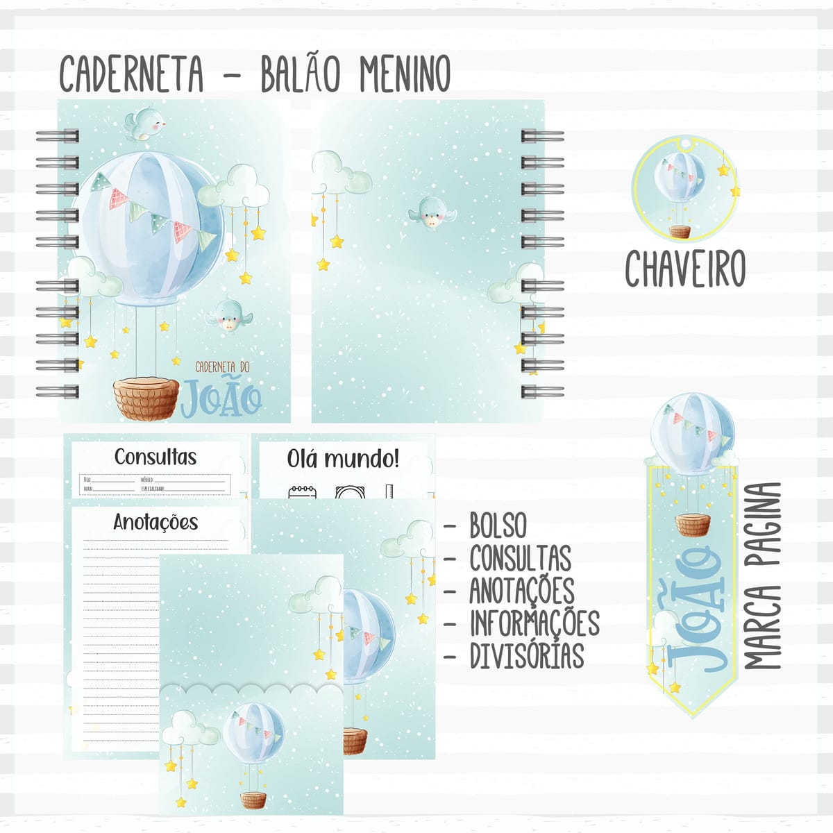 Kit Digital Bebê Menino Balão Aquarela para Personalizar 3 Arte digital de caderneta de bebê com tema balão, chaveiro e marca-página.