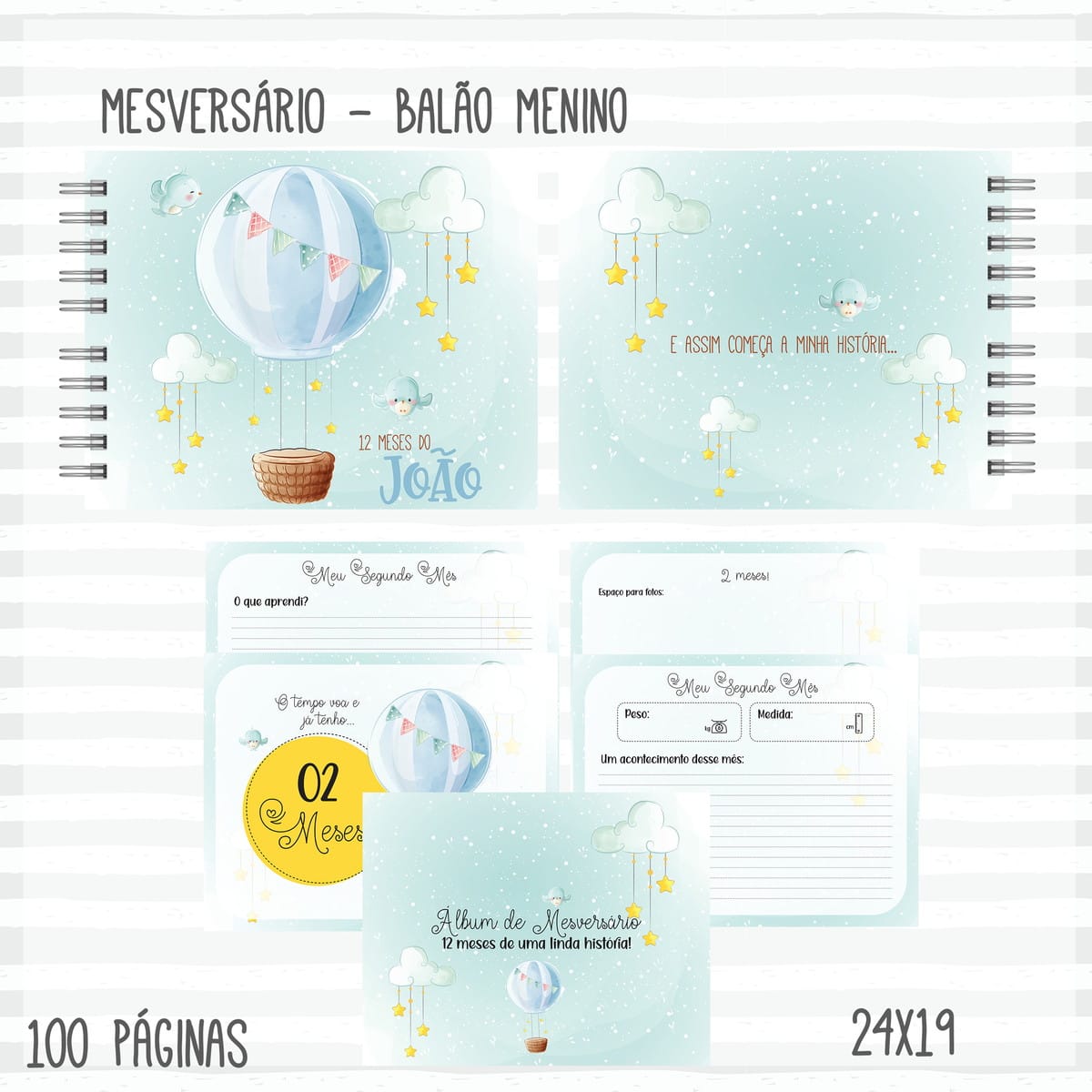 Kit Digital Bebê Menino Balão Aquarela para Personalizar 2 Álbum digital de mesversário com tema balão, nuvens e estrelas, mostrando páginas internas.