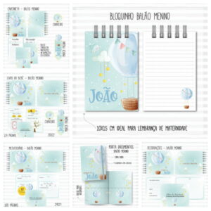 Kit Digital Bebê Menino Balão Aquarela para Personalizar 39 Designs de arte digital para bebê com tema balão, nuvens, estrelas e nome personalizável.