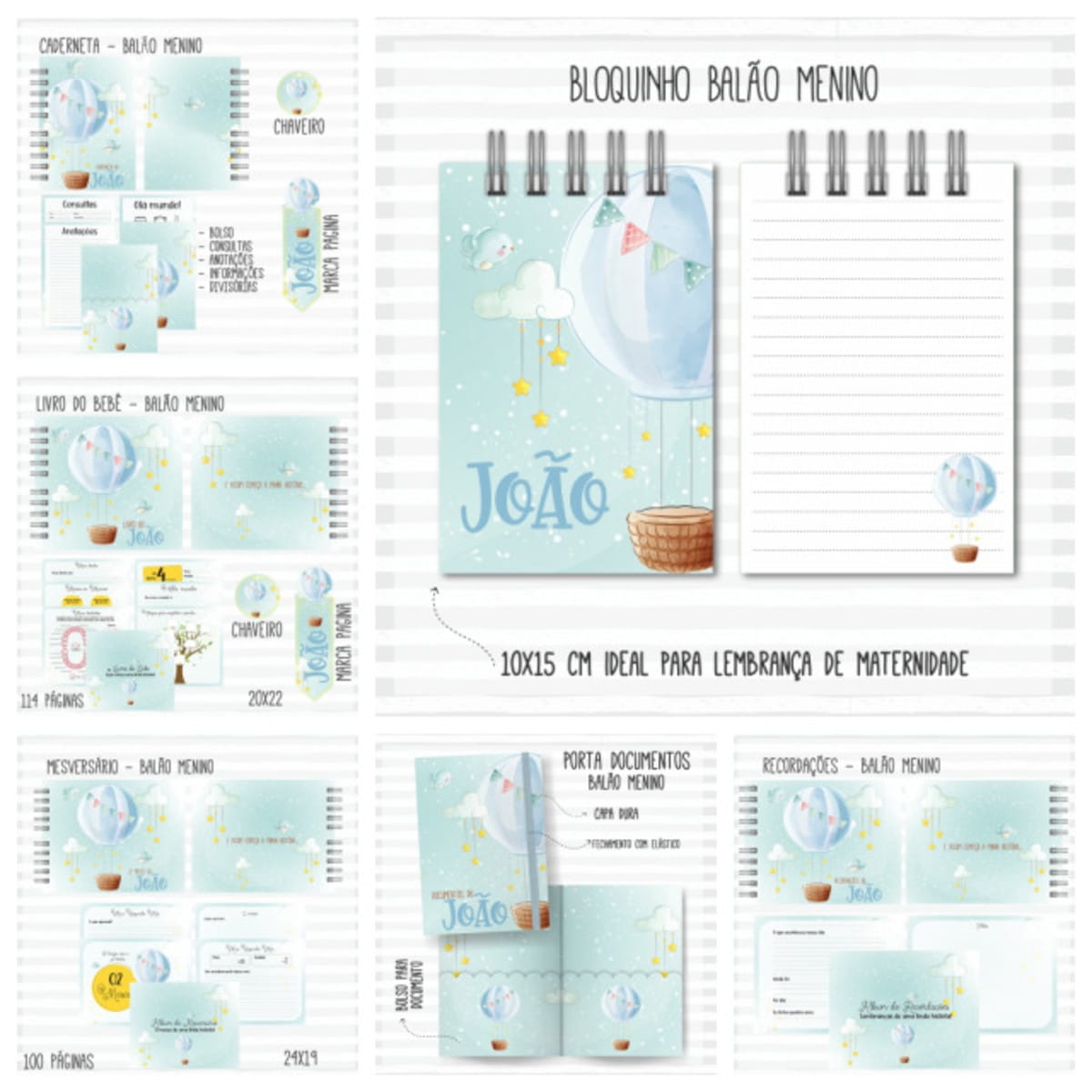 Kit Digital Bebê Menino Balão Aquarela para Personalizar 1 Designs de arte digital para bebê com tema balão, nuvens, estrelas e nome personalizável.