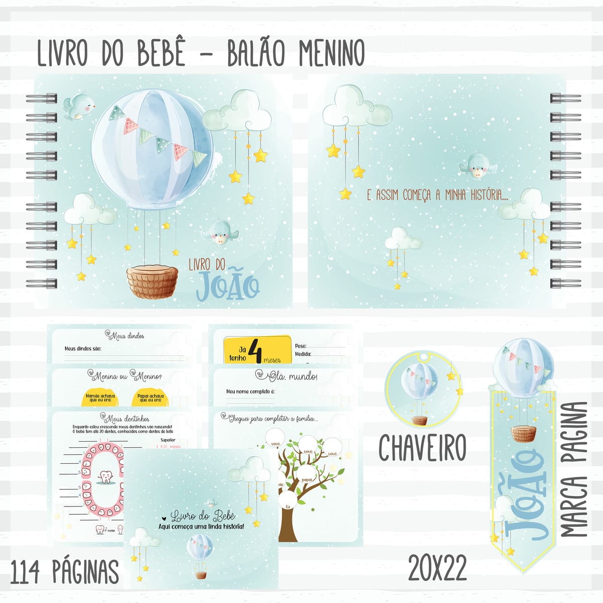 Kit Digital Bebê Menino Balão Aquarela para Personalizar 4 Arte digital de livro do bebê com tema balão, estrelas, nuvens, chaveiro e marca-página.
