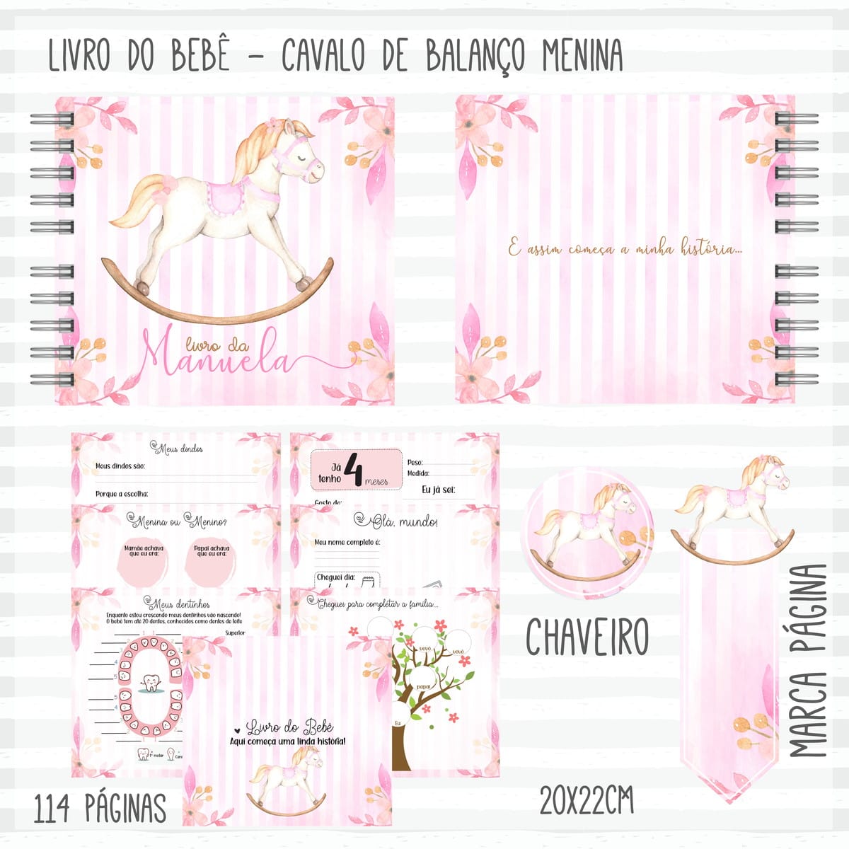 Kit Digital Cavalinho Menina Completo para Editar 3 Kit de arte digital para livro de bebê, rosa, com cavalo de balanço e páginas de memórias.
