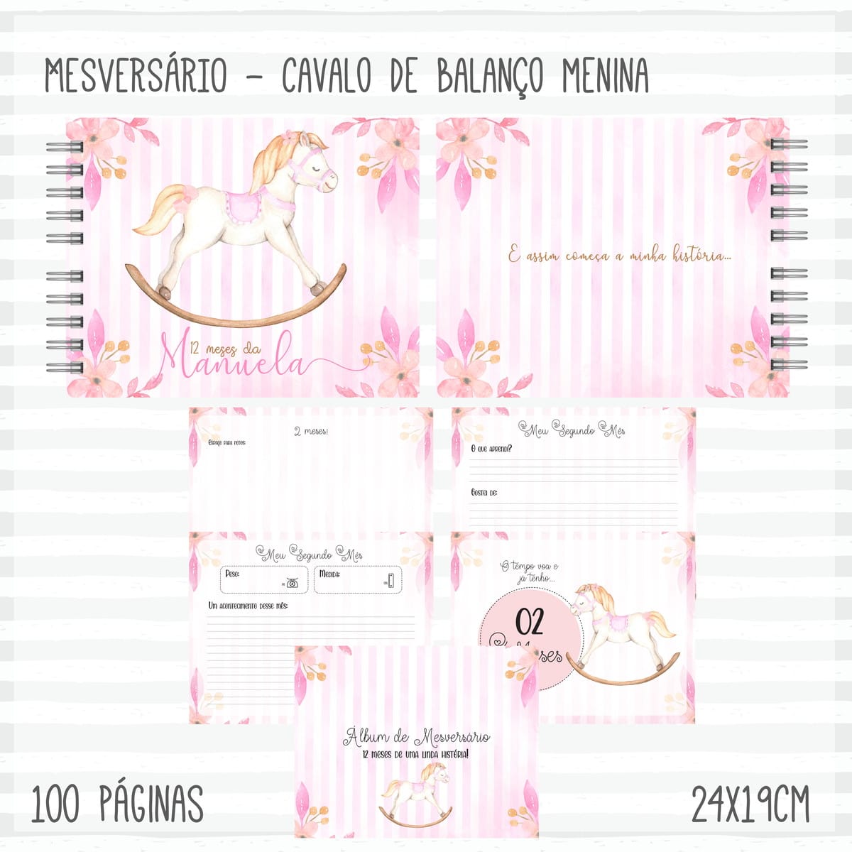Kit Digital Cavalinho Menina Completo para Editar 2 Álbum digital de mesversário com tema cavalo de balanço e flores em tons de rosa.