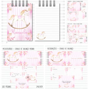 Kit Digital Cavalinho Menina Completo para Editar 10 Arte digital de cadernetas e álbuns com tema cavalo de balanço rosa.