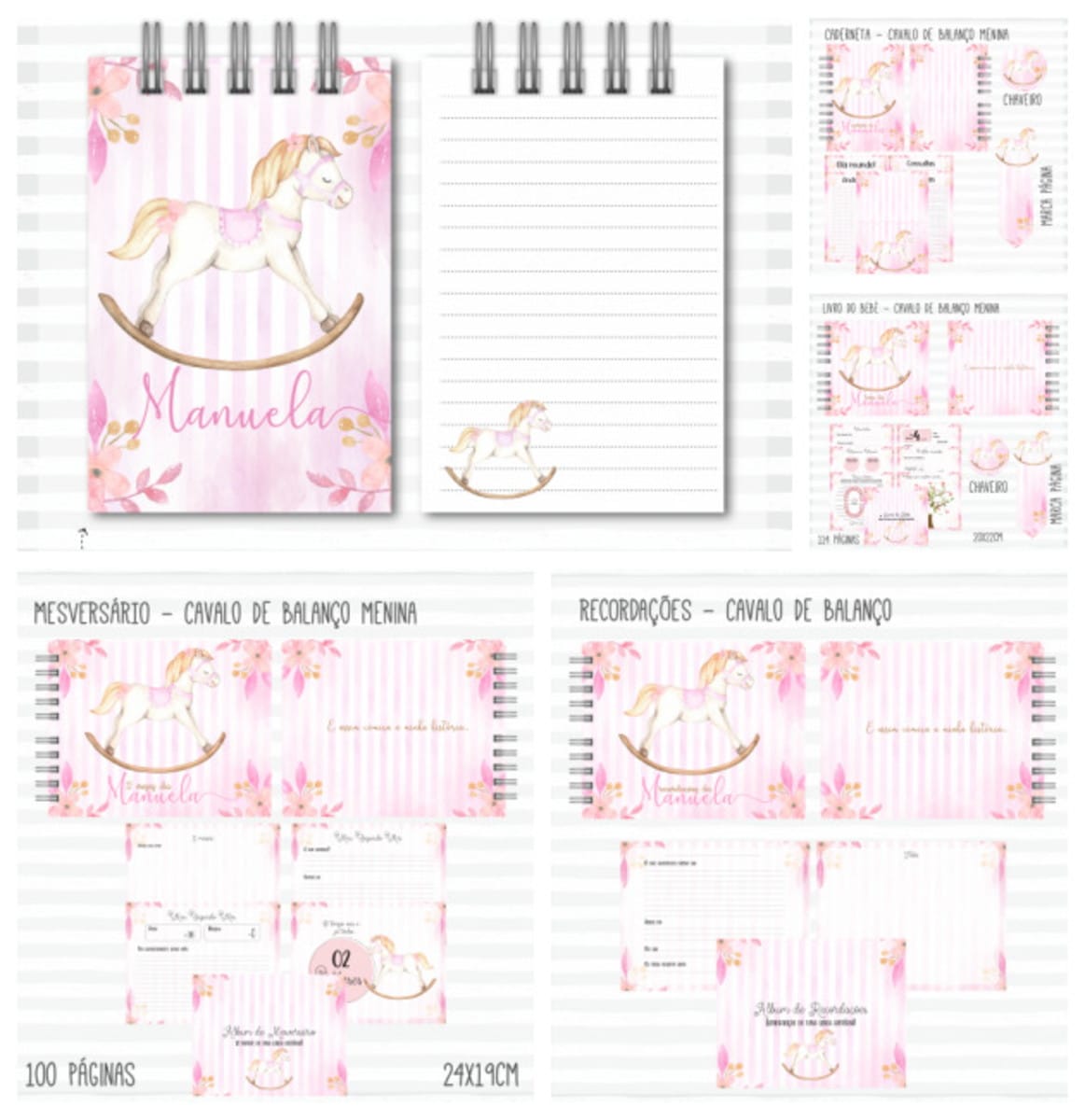 Kit Digital Cavalinho Menina Completo para Editar 1 Arte digital de cadernetas e álbuns com tema cavalo de balanço rosa.