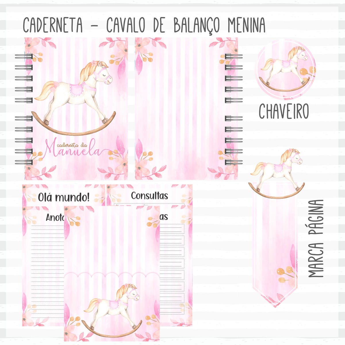 Kit Digital Cavalinho Menina Completo para Editar 4 Arte digital de caderneta, chaveiro e marca-página com cavalo de balanço rosa.