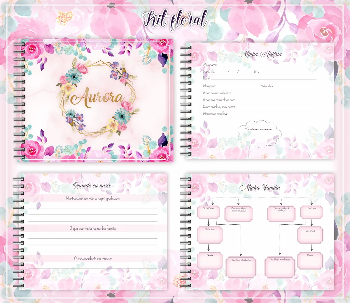 Arquivo Digital Kit Completo Floral para Bebê 2 Quatro páginas digitais de álbum de bebê com tema floral em aquarela.