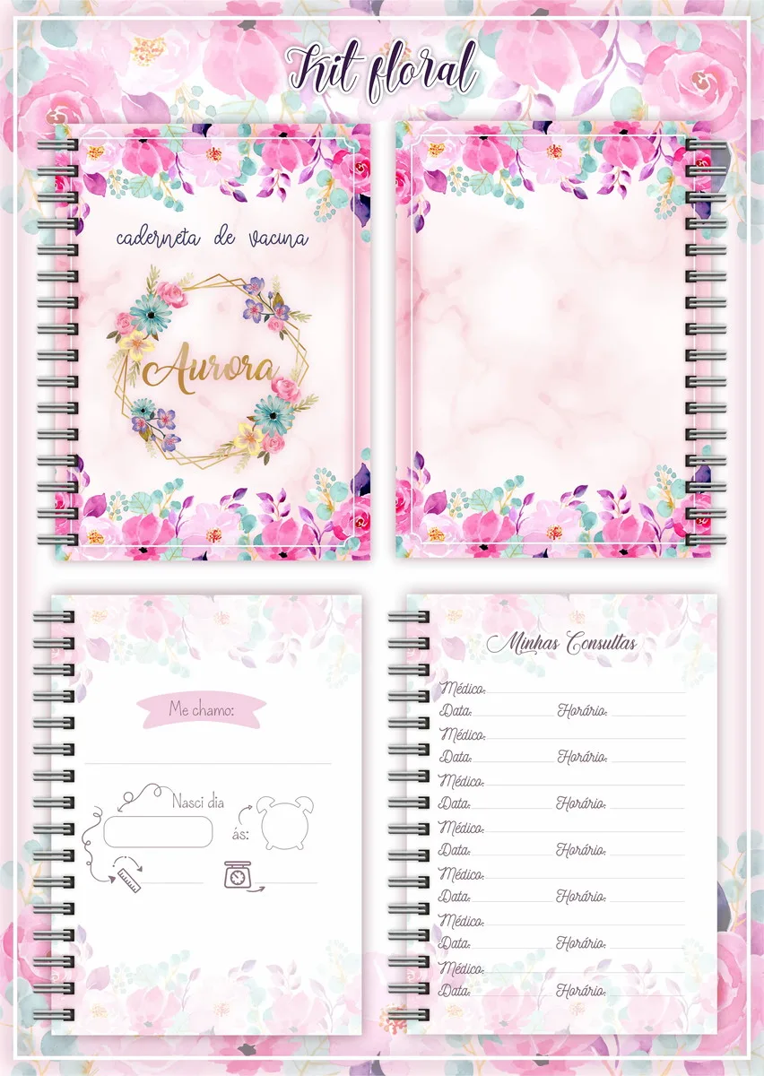 Arquivo Digital Kit Completo Floral para Bebê 3 Quatro páginas digitais de caderneta infantil floral rosa para registro.