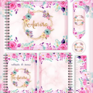 Kit digital floral personalizado com caderno, caderneta, marcador e botão, em tons de rosa.