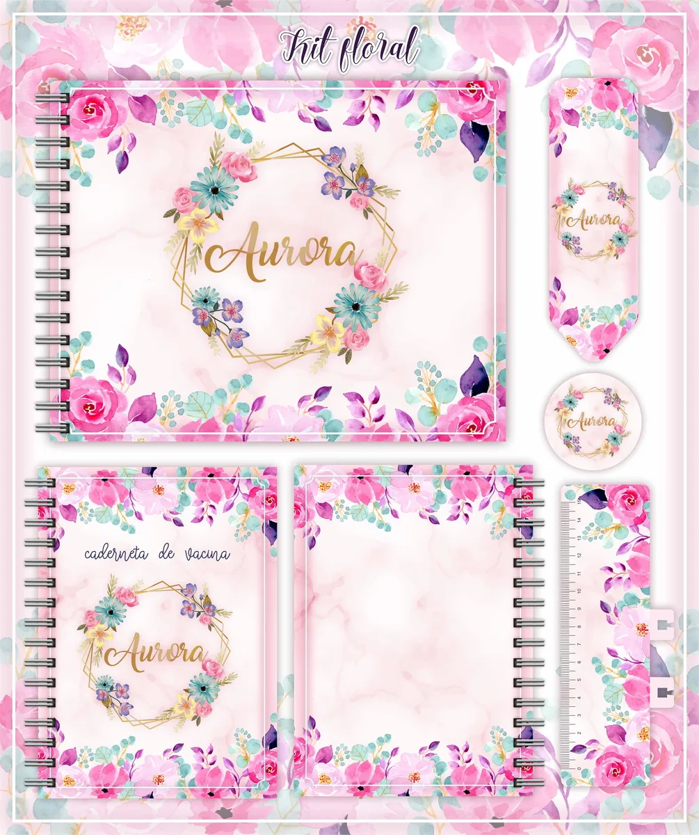 Arquivo Digital Kit Completo Floral para Bebê 1 Kit digital floral personalizado com caderno, caderneta, marcador e botão, em tons de rosa.