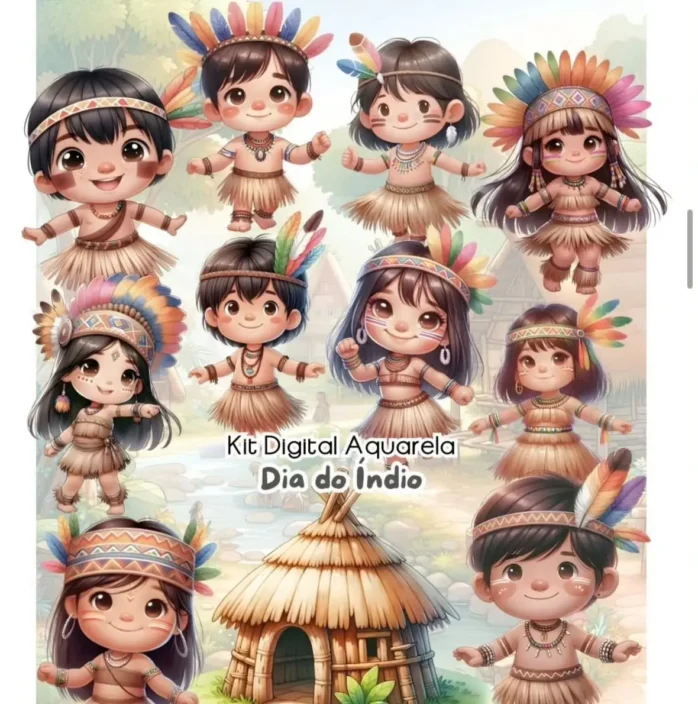 Kit de Arte em Aquarela para Dia do Índio – PNG Incluso