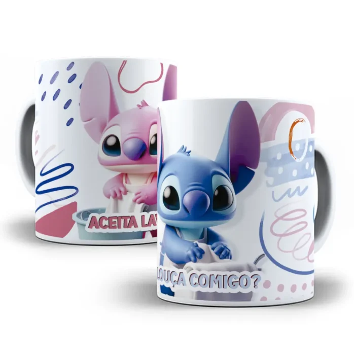 Kit de Artes Canecas - Stitch e Amor no Dia dos Namorados