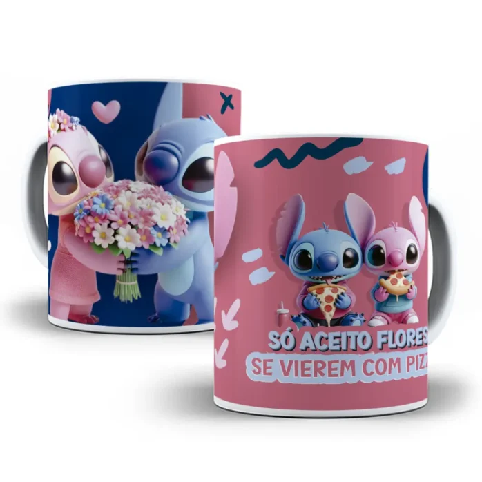 Kit de Artes Canecas - Stitch e Amor no Dia dos Namorados