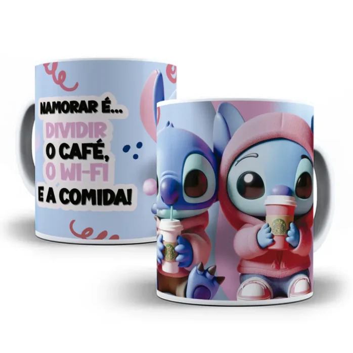 Kit de Artes Canecas - Stitch e Amor no Dia dos Namorados