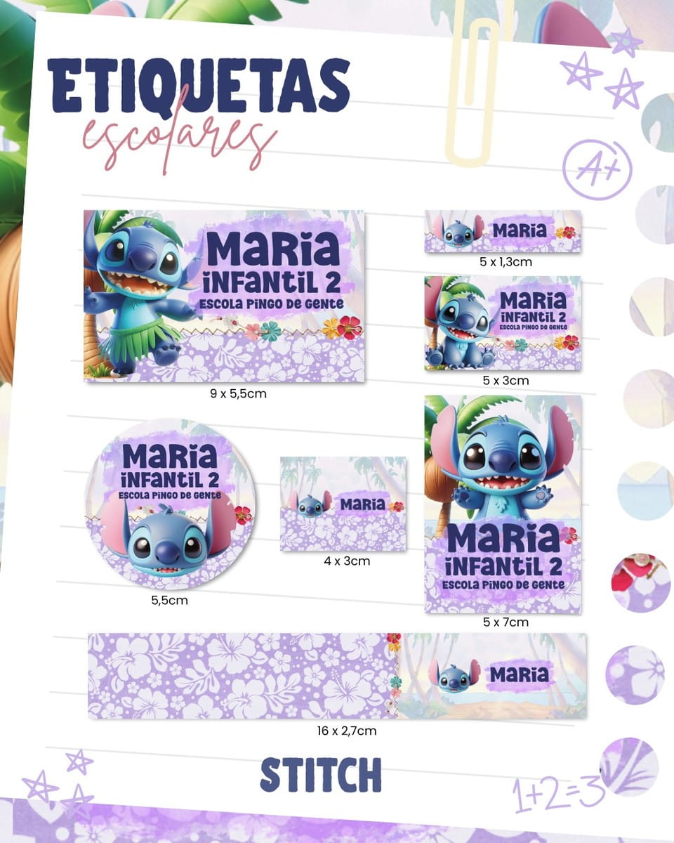 Kit de Etiquetas Escolares Stitch Arquivo Digital PNG PDF 1 Folha com diversas etiquetas escolares personalizadas com personagem azul e flores roxas.