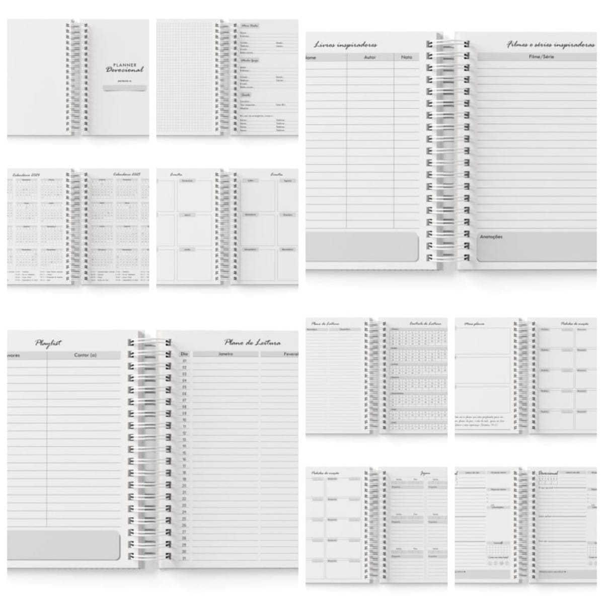 Kit Devocional Católico Masculino Digital para Imprimir 2 Apresentação em grade de várias páginas internas de um caderno planner espiralado.