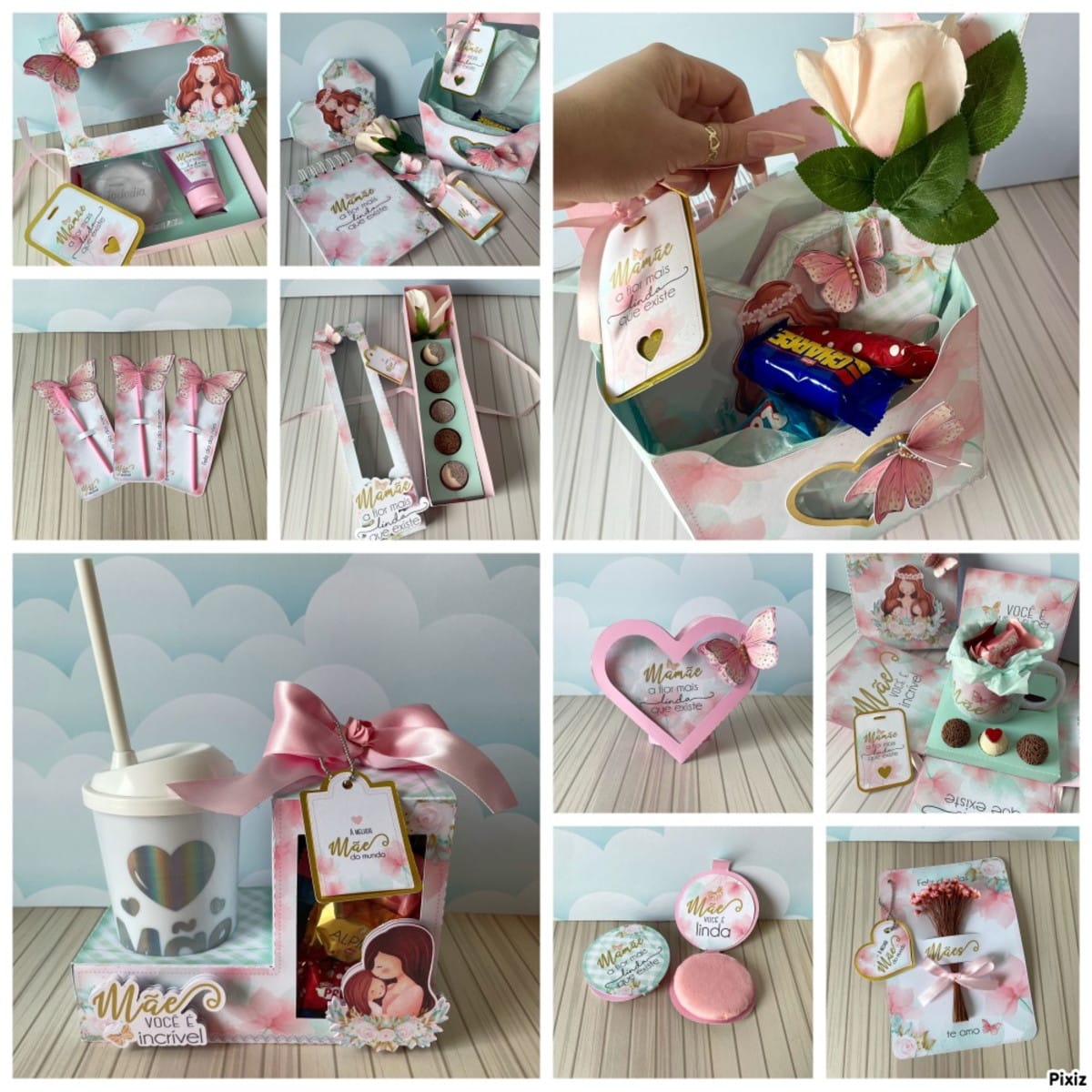 Kit Dia das Mães Digital com Embalagens Floral 2 Coleção de lembranças artesanais decoradas com flores, borboletas e mensagens de carinho personalizadas.