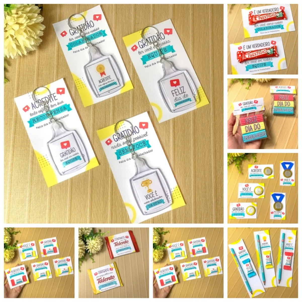 Coleção de cartões personalizados com mensagens e lembranças para o dia do trabalhador.