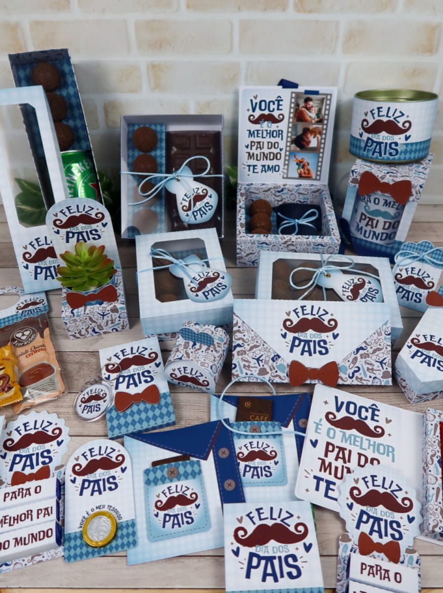 Kit Dia dos Pais para Corte no Silhouette Studio 1 Conjunto de caixas de presentes decoradas com temática azul para o Dia dos Pais