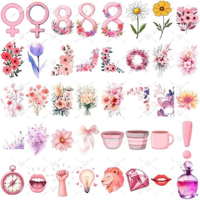Kit Digital 2025 Elementos Femininos em PNG e Papéis Rosa