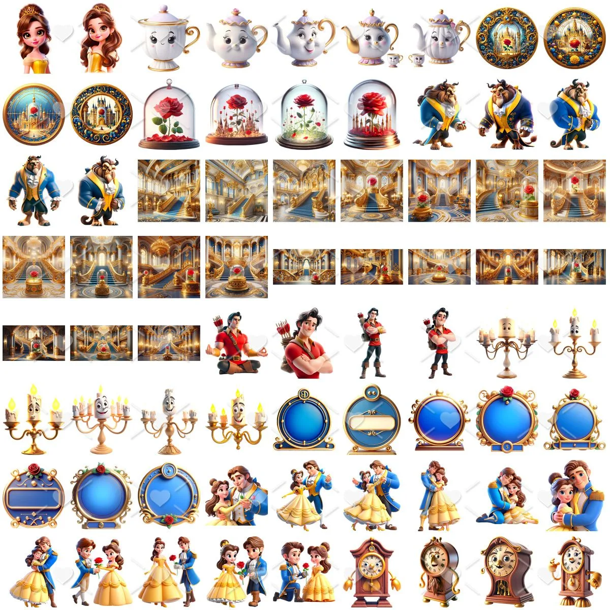 Kit Digital A Bela e a Fera 3D Cute Fofo Ilustrações Png