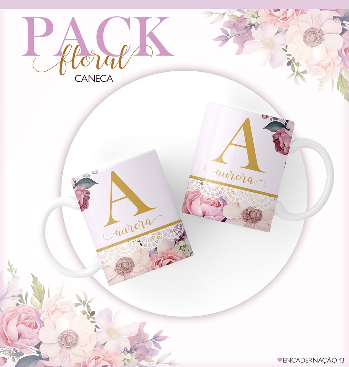 Kit Digital Agenda Feminina Floral 2026 para Personalizar 2 Duas canecas brancas estampadas com flores rosa, renda e a letra A dourada.