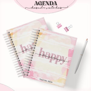 Duas agendas espiraladas com capas estampadas em tons de rosa e branco
