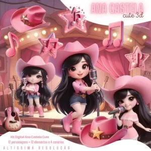 Kit Digital Ana Castela Cute 3D Ilustrações Fofas Boiadeira