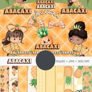 Kit Digital Aquarela Boneca Cute Abacaxi Frutífero PNG