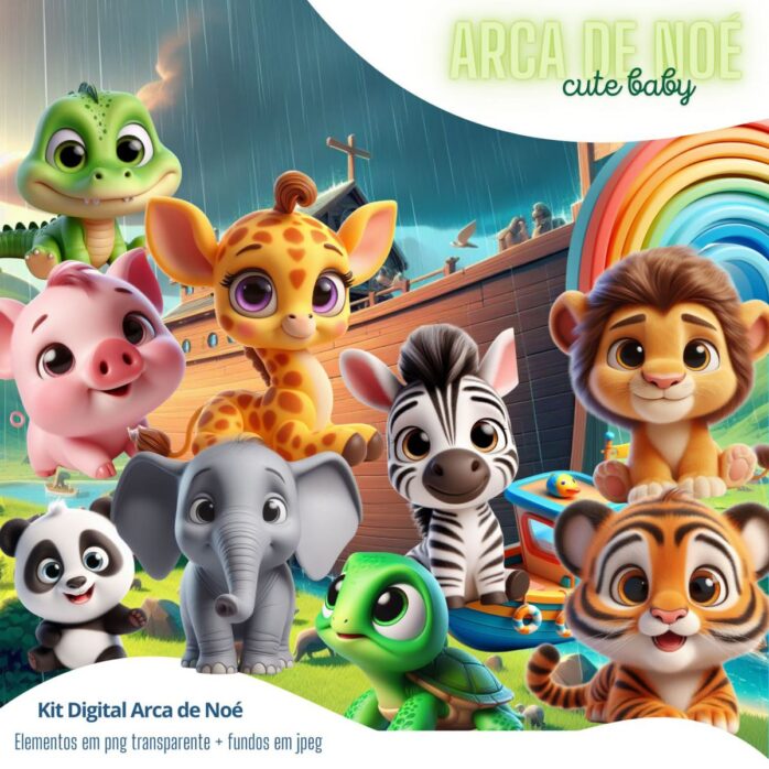 Kit Digital Arca de Noé Baby 3D Cute Bichinhos Fofos Bíblia