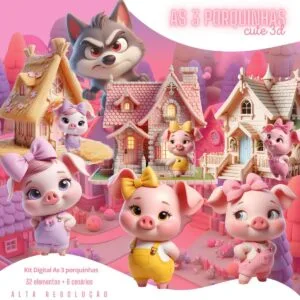 Kit Digital As Três Porquinhas Cute 3D Menina Imagens Png