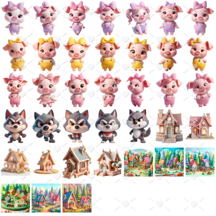 Kit Digital As Três Porquinhas Cute 3D Menina Imagens Png