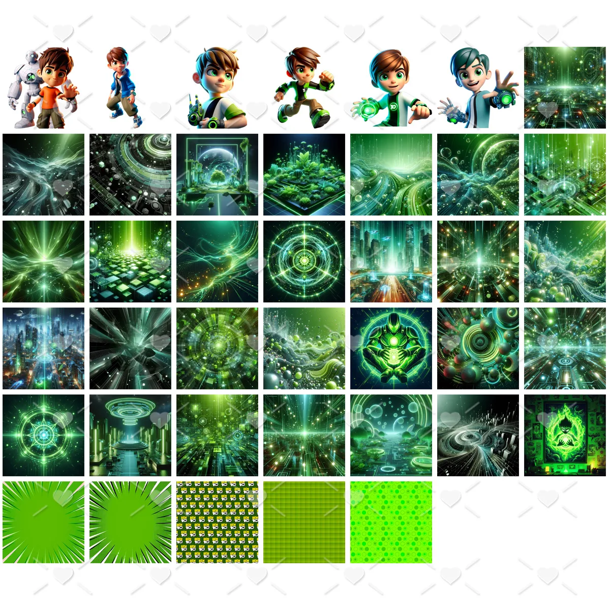 Coleção de ilustrações digitais com personagens estilizados e cenários futuristas em tons verdes brilhantes.