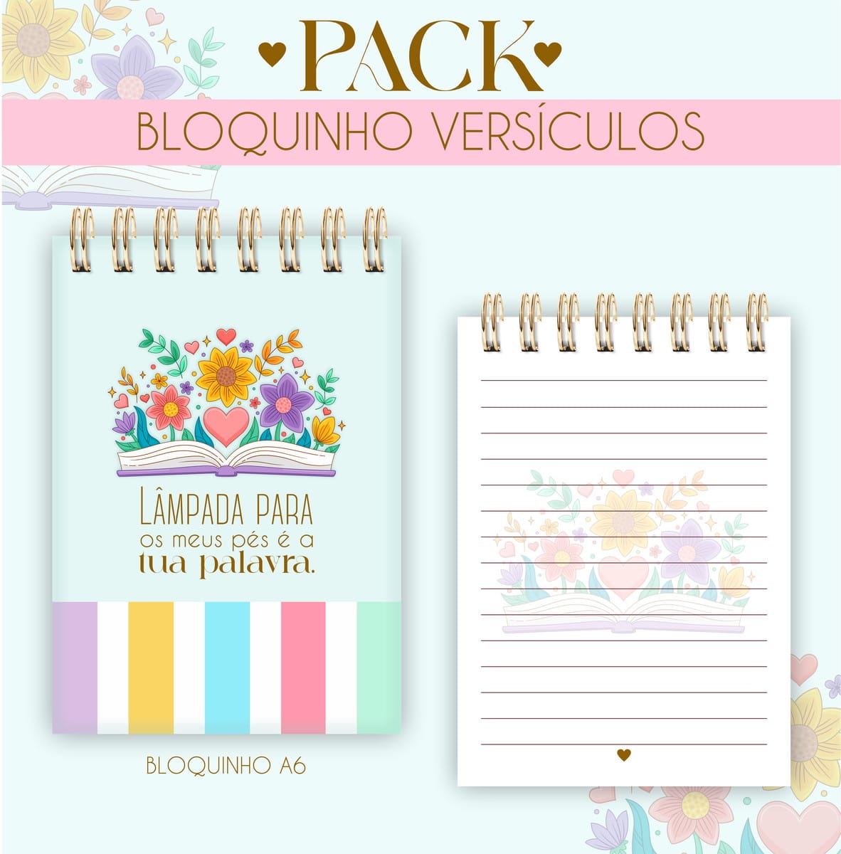 Kit Digital Bloquinhos Versículos para Papelaria e Canecas 2 Imagem digital mostrando capas e páginas internas de bloquinhos com ilustrações florais.