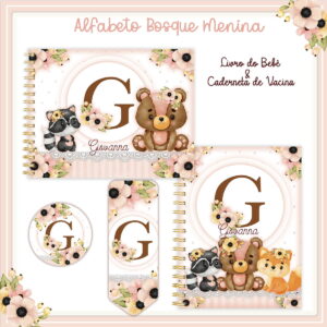 Kit Digital Bosque Menina para Livro e Caderneta 4 Ilustração de itens personalizados com tema de animais da floresta, flores e letras.