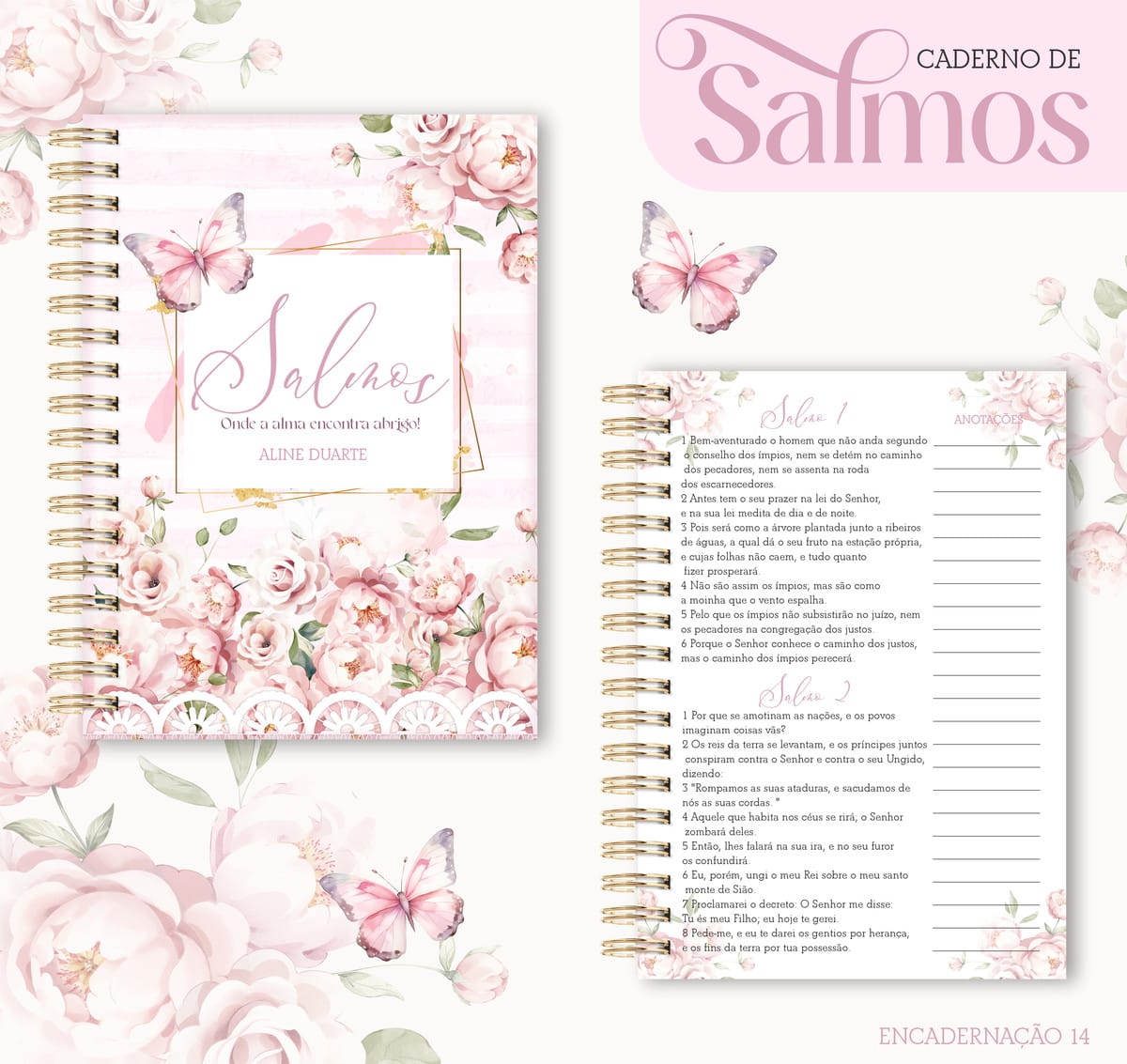 Kit Digital Caderno de Salmos para Cartonagem 1 Caderno espiralado rosa com estampa de flores e borboletas.