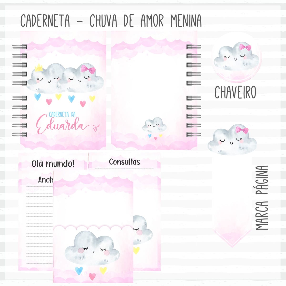 Kit Digital Chuva de Amor Menina Papelaria e Lembrancinhas 2 Arte digital de caderno com tema de nuvens e corações rosa