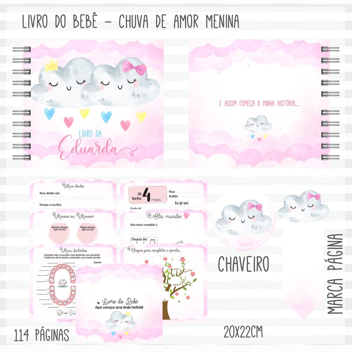 Kit Digital Chuva de Amor Menina Papelaria e Lembrancinhas 3 Arte digital de livro do bebê com tema de nuvens e corações rosa.