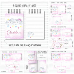 Apresentação de itens de papelaria personalizados com tema de nuvens em tons rosa.