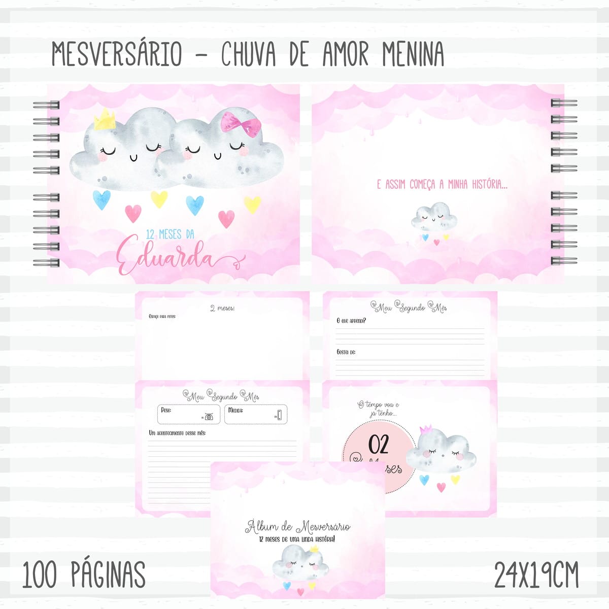Kit Digital Chuva de Amor Menina Papelaria e Lembrancinhas 4 Arte digital de caderno com tema de nuvens fofas e corações rosa