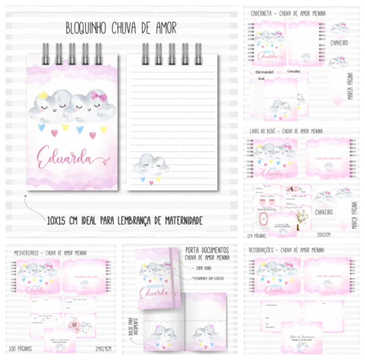 Kit Digital Chuva de Amor Menina Papelaria e Lembrancinhas 1 Apresentação de itens de papelaria personalizados com tema de nuvens em tons rosa.