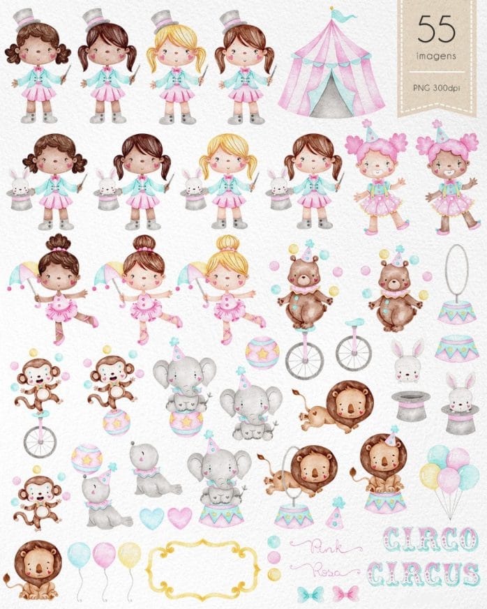 Kit Digital Circo Rosa Em Aquarela Papelaria Personalizada
