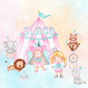 Kit Digital Circo Rosa Em Aquarela Papelaria Personalizada