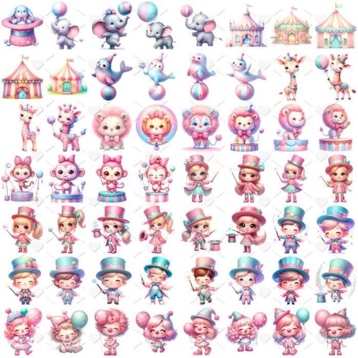 Kit Digital Circo Rosa Menina 3D Cute Fofo Ilustrações Png