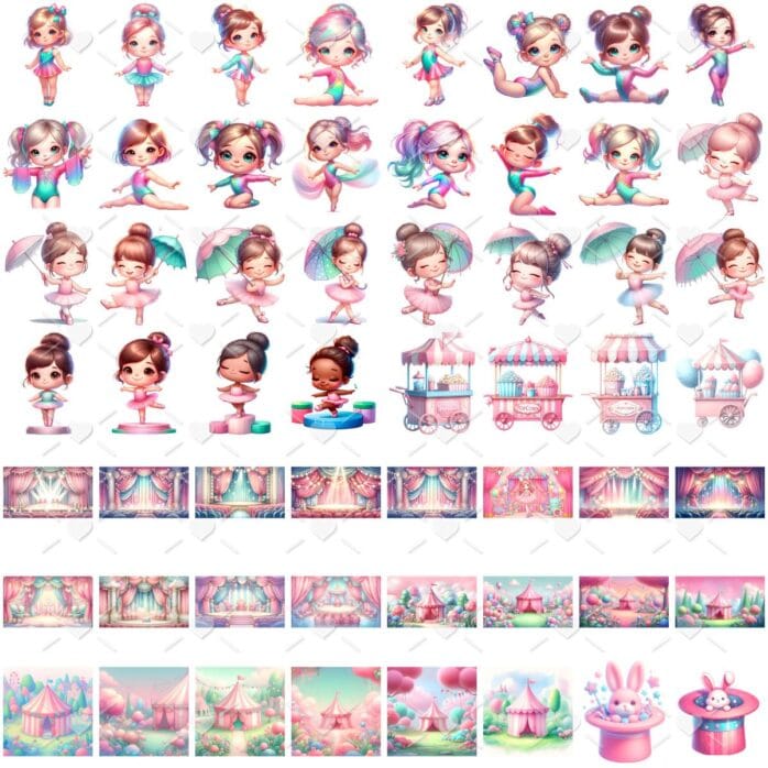 Kit Digital Circo Rosa Menina 3D Cute Fofo Ilustrações Png