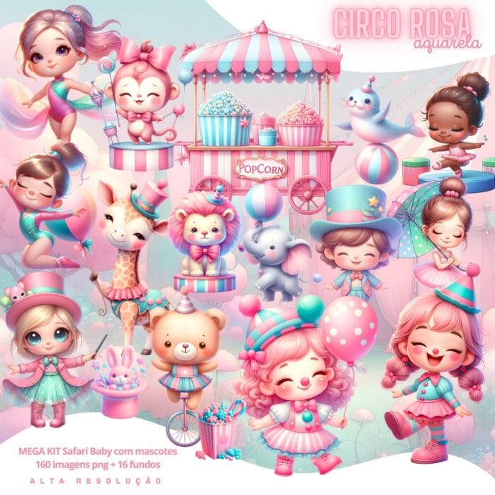 Kit Digital Circo Rosa Menina 3D Cute Fofo Ilustrações Png