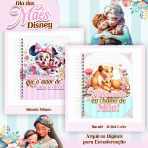 Artes digitais de cadernos com estampas de personagens maternos em ambiente floral temático.