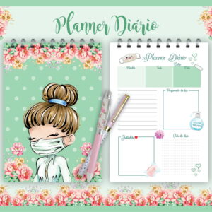 Kit Digital de Planner Diário Nossos Heróis Corona 3 Capa e páginas internas de planner diário verde com ilustração de menina.